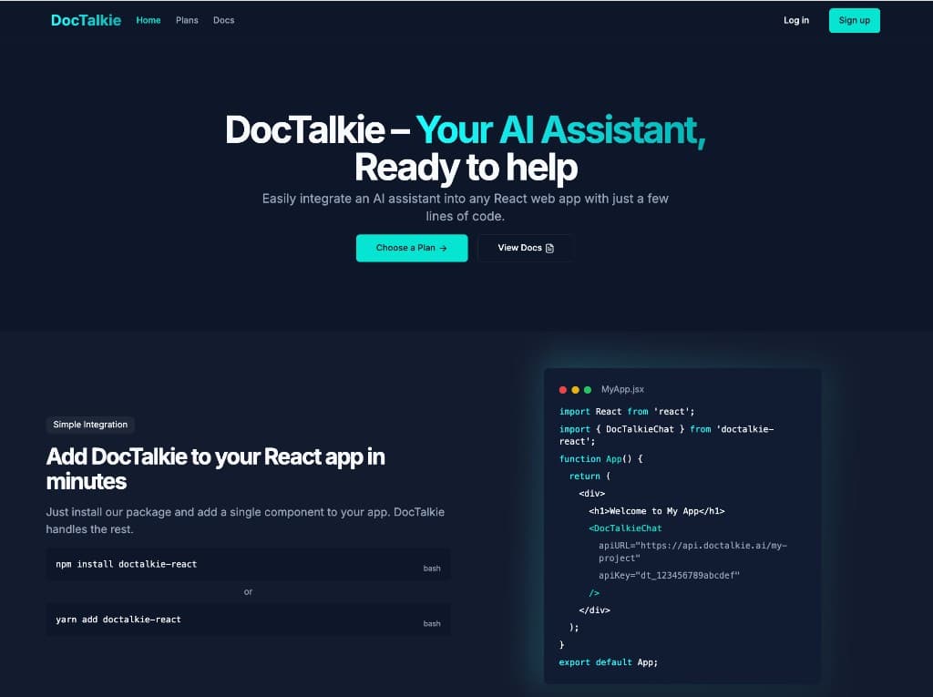 DocTalkie landing page with install commands and React integration example