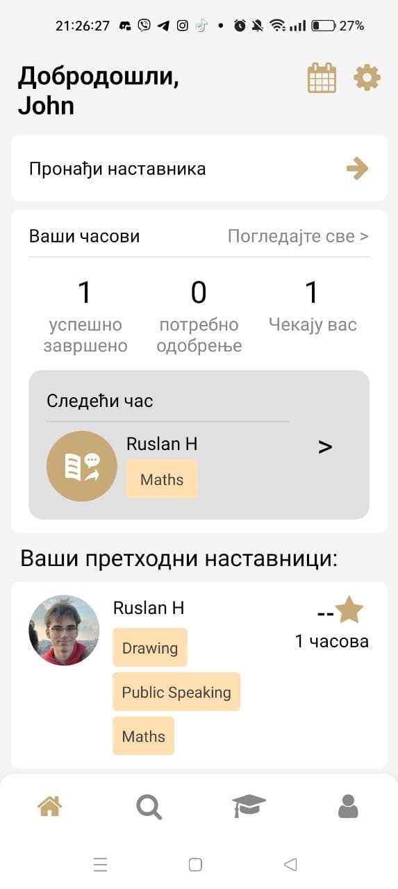 Learn&Share student dashboard with upcoming class and tutor cards