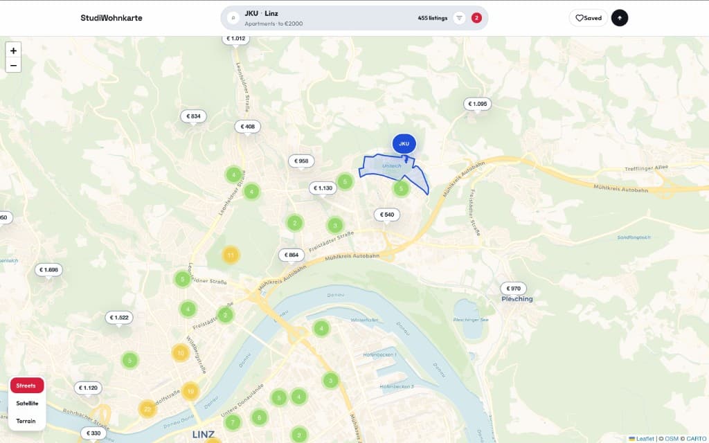 StudiWohnkarte map of Linz with student housing listings around JKU